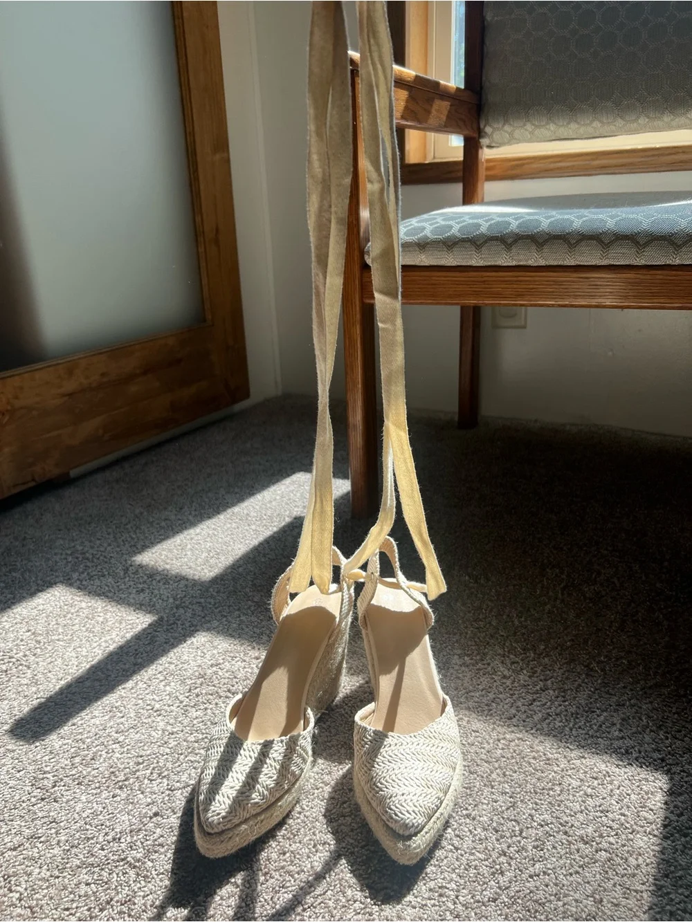 Woven Pointed Toe Lace-Up Espadrille Heels Natural